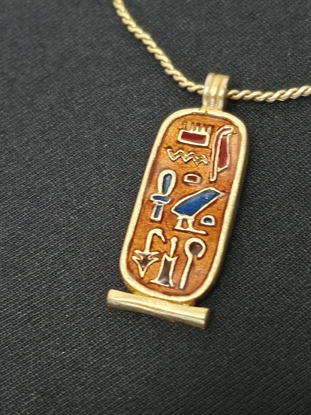 D'Orlan Gold Plated Egyptian Cartouche Pendant Necklace 8" Mystic Charm Vtg